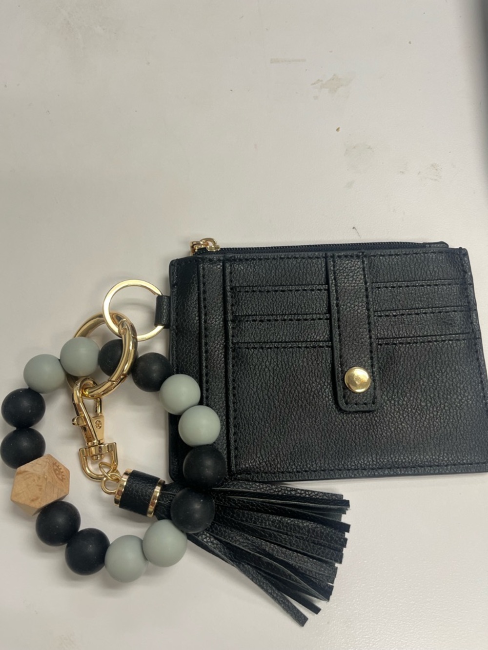 Black Cardholder Wristlet Keychain with Tassel and Beaded Bracelet - Picture 2 of 2